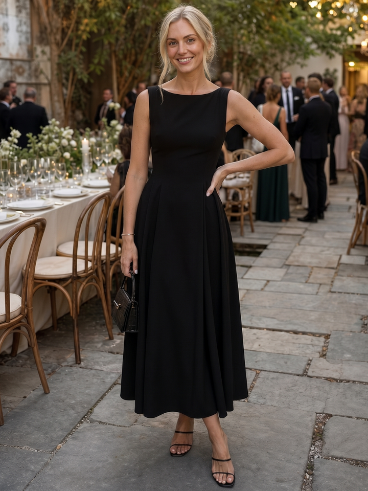 Corane | Robe Midi Sans Manches à Col Rond et Corsage Ajusté