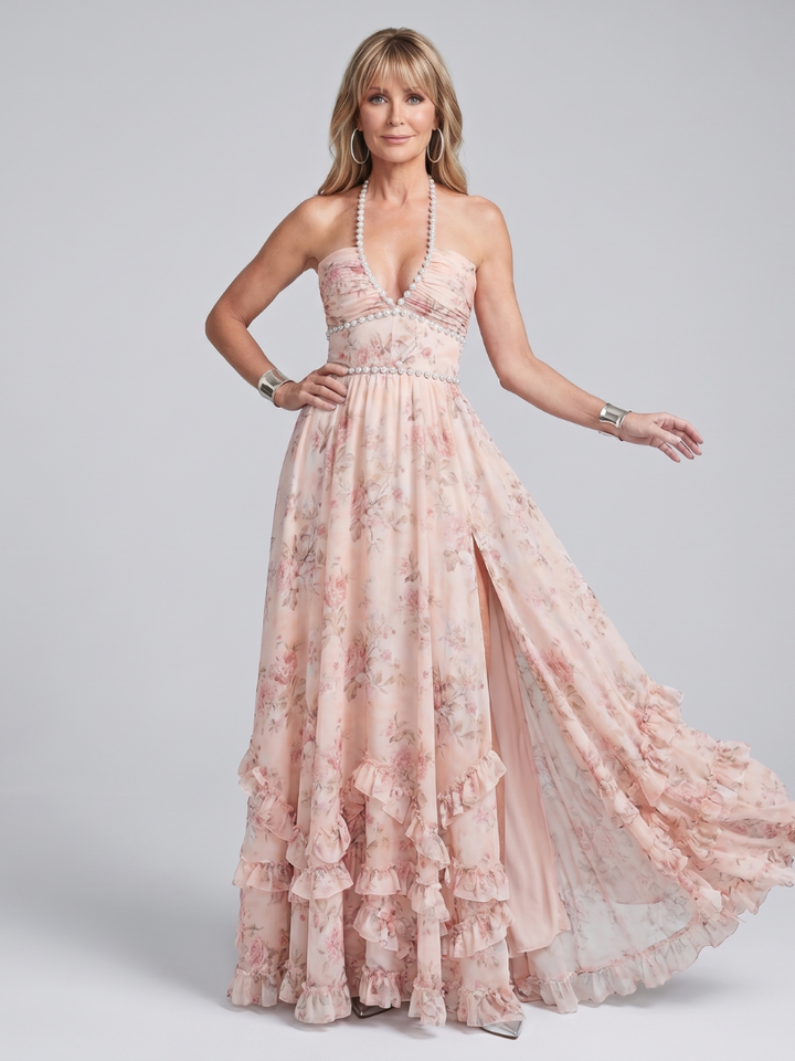 Alessia | Robe Maxi à Fleurs avec Bretelles à Col Halter