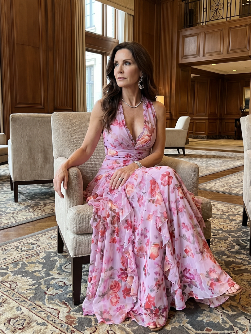 Nori | Robe Maxi Fleurie à Encolure Halter et Corps Froncé