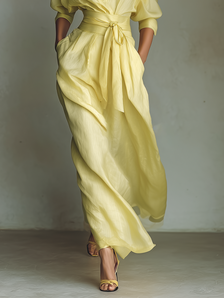 Robe Chemise Maxi pour Femmes en Jaune Citron avec Ceinture à Nouer & Manches Trois Quarts