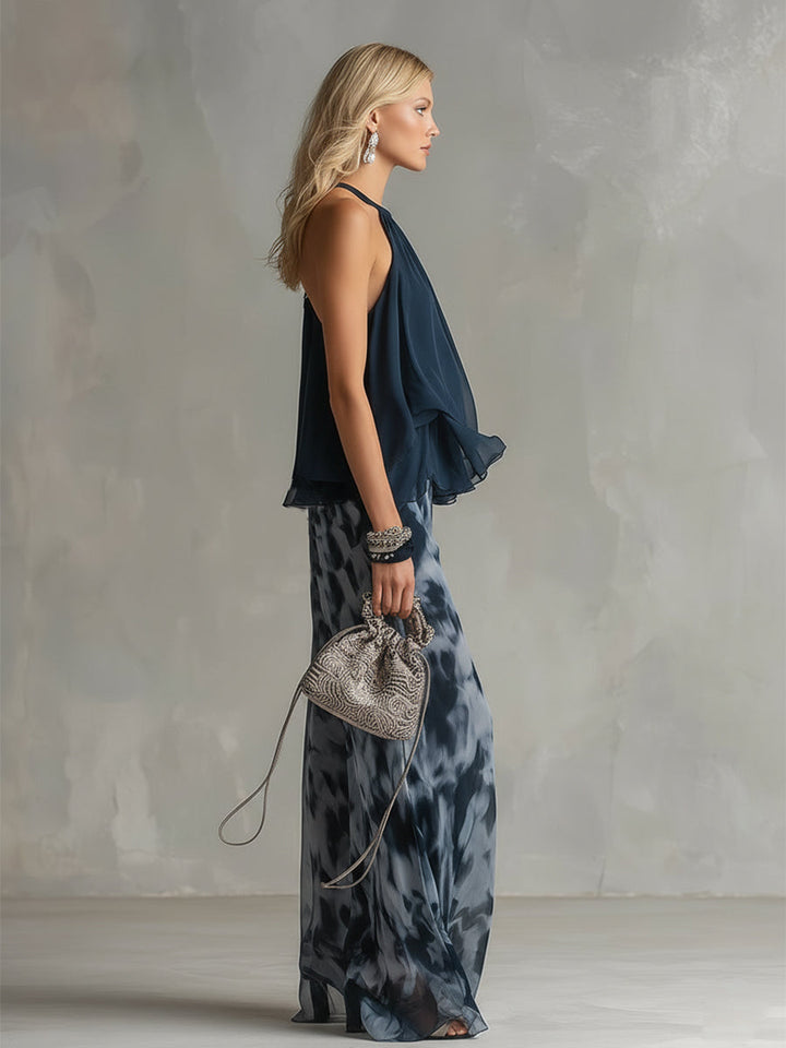 Ludovica – Ensemble en chiffon élégant avec top col montant et pantalons imprimés à jambes larges
