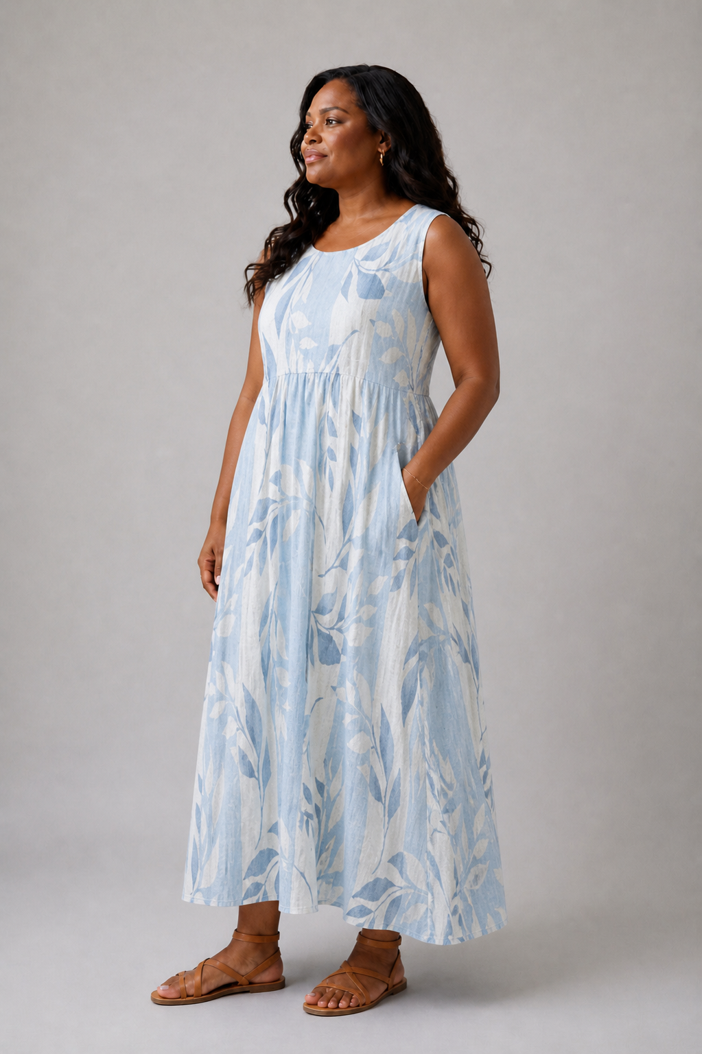 Solene | Robe Midi Sans Manches à Motif de Feuilles Bleues