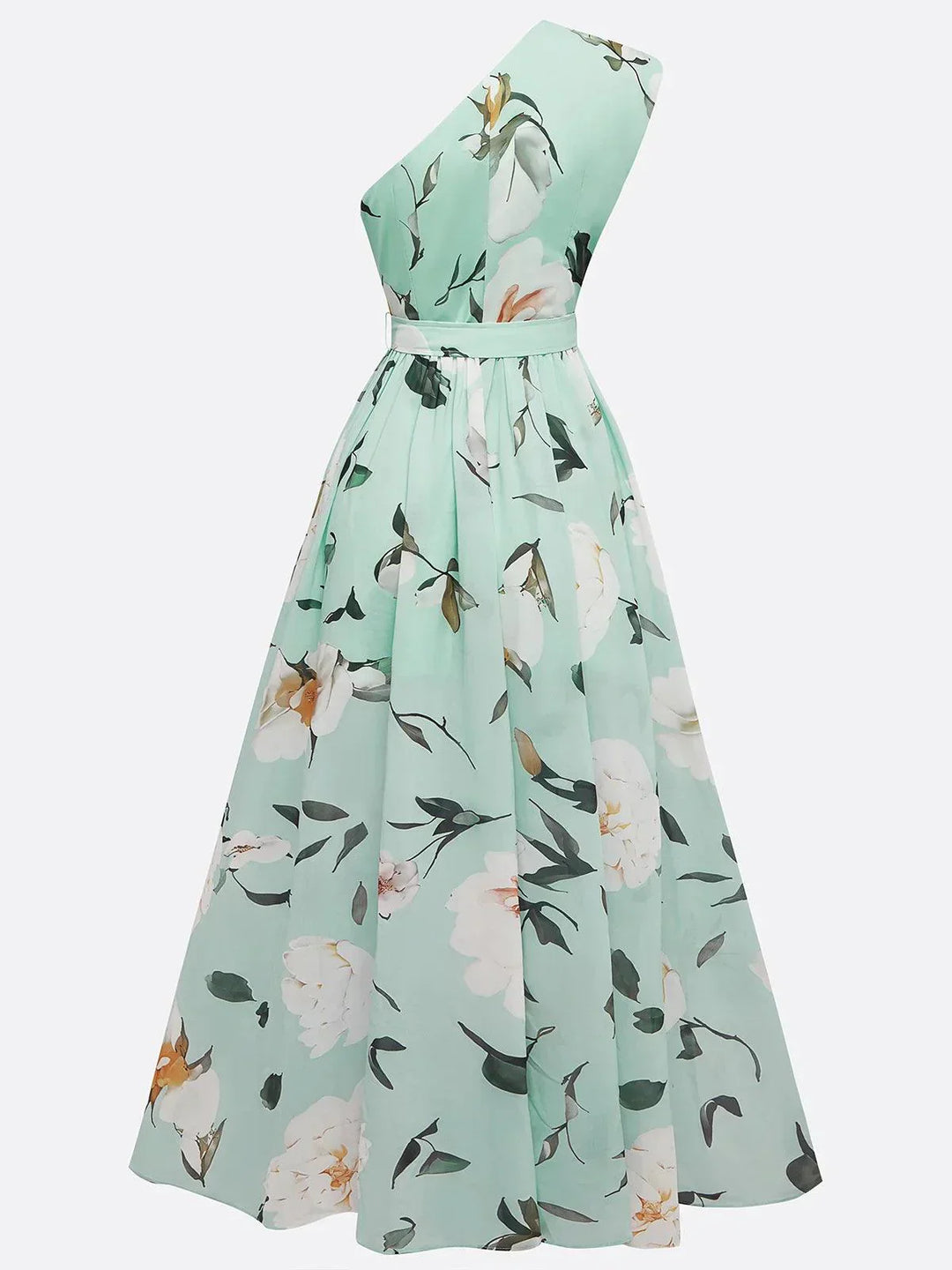 Julie | Robe Maxi Chiffon Floral Vert Clair à Une Épaule