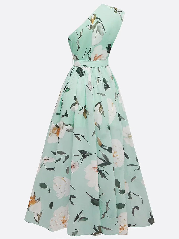 Julie | Robe Maxi Chiffon Floral Vert Clair à Une Épaule