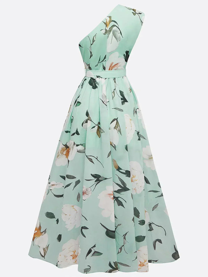 Julie | Robe Maxi à Fleurs Vert Clair à Une Épaule