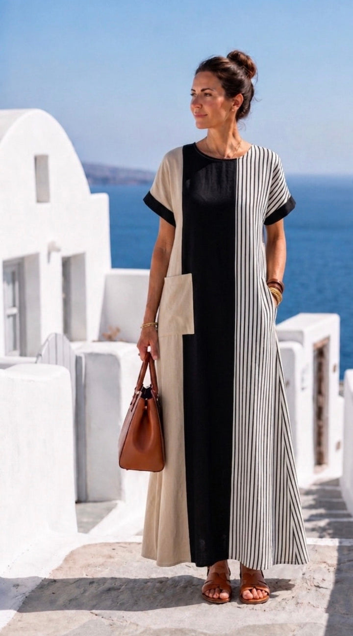 Elara | Robe maxi rayée à col rond et manches courtes