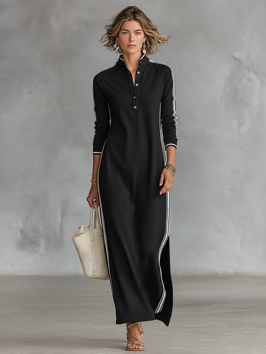 Robe Maxi Sweat à Col Boutonné et Détails Blancs pour Femmes