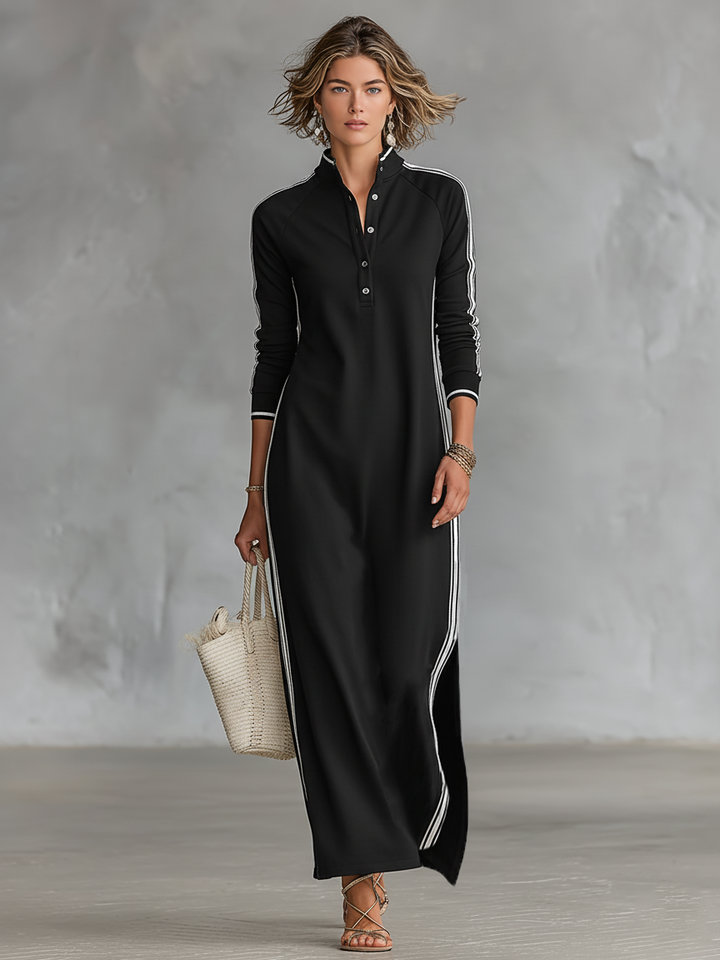 Robe Maxi Sweat à Col Boutonné et Détails Blancs pour Femmes