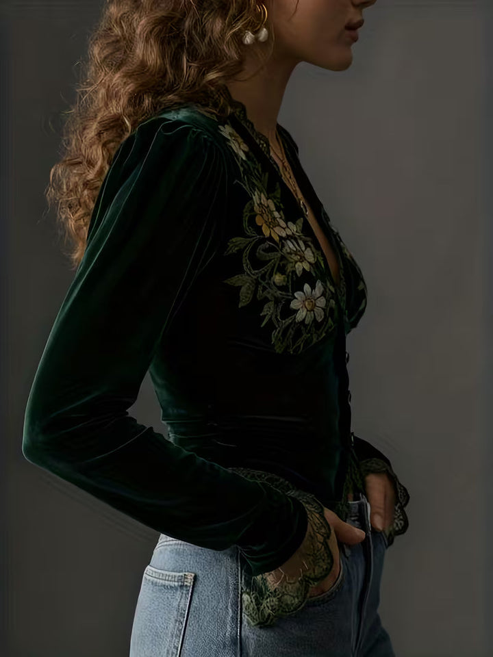 Nora | Blouse en velours à manches longues avec fleurs brodées