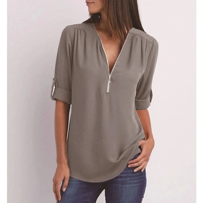 Lucas|Blouse à manches 3/4 en vrac avec fermeture éclair