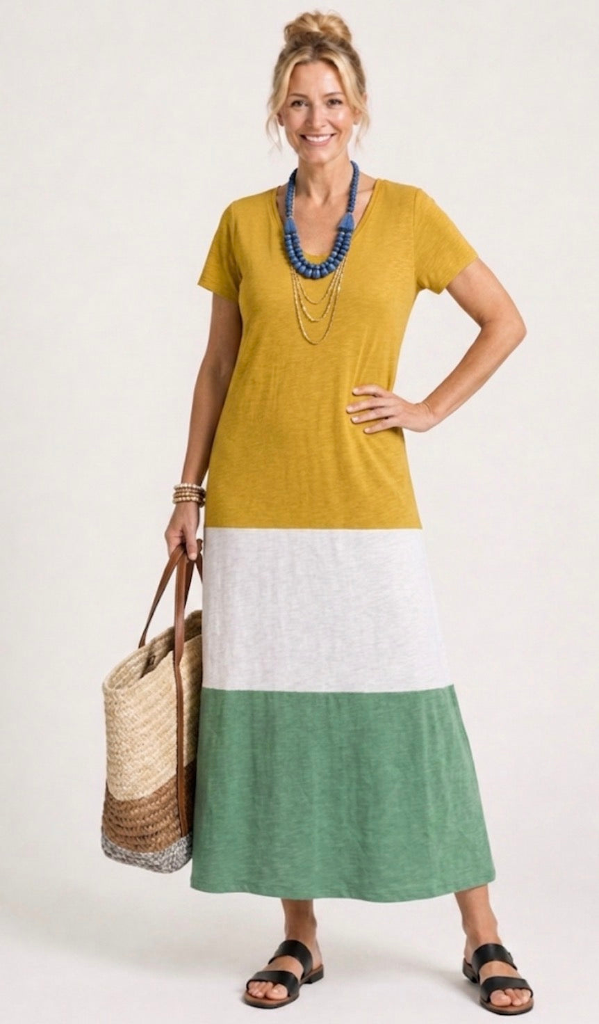 Thalia | Robe Midi à Manches Courtes en Color Block