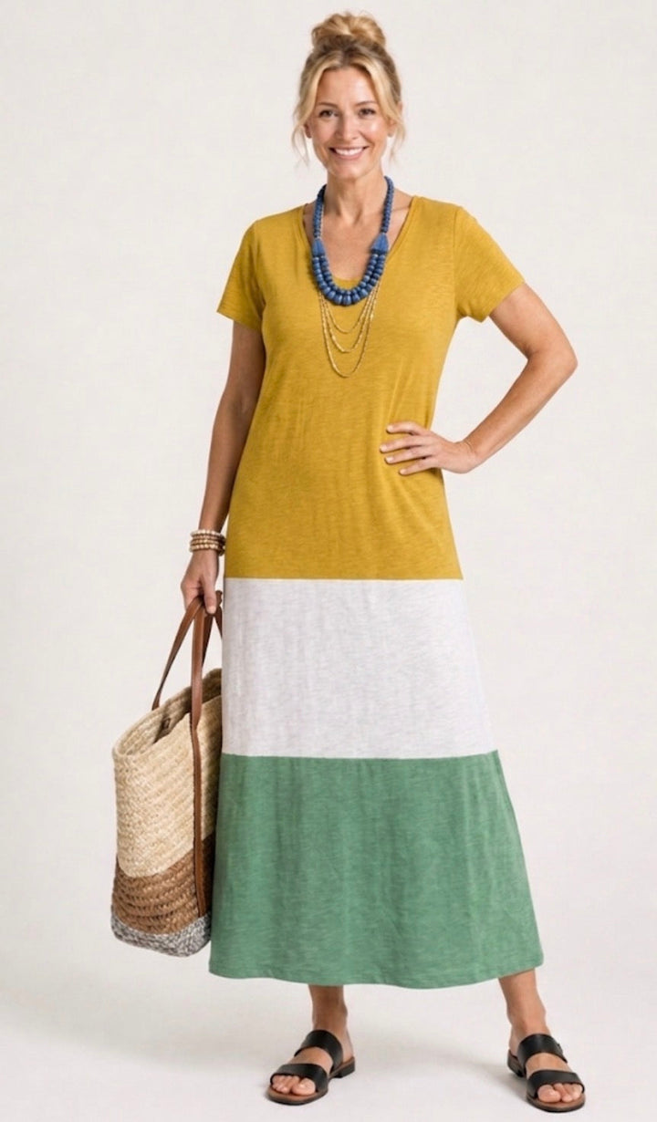 Thalia | Robe Midi à Manches Courtes en Color Block