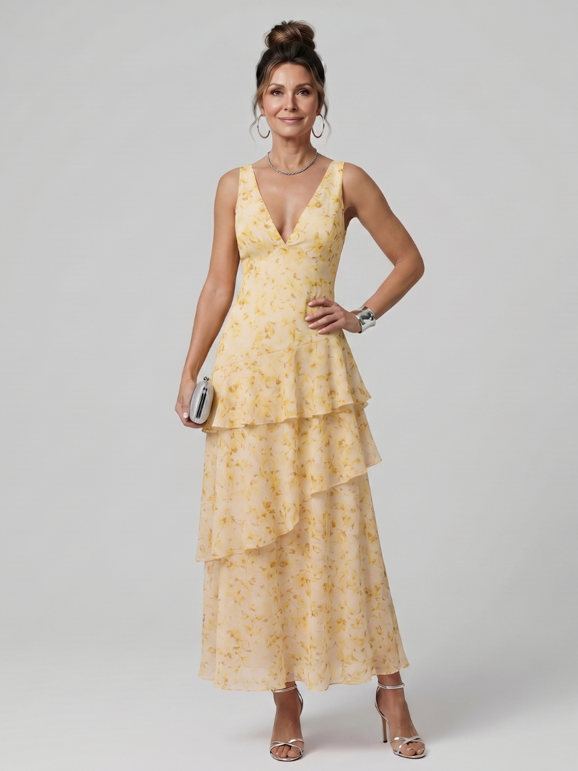 Gala | Robe Midi Sans Manches à Décolleté V Profond avec Motif Peint