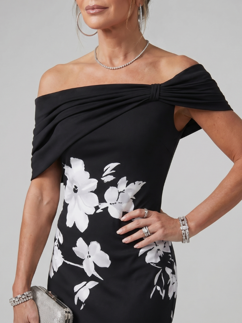 Cosma | Robe Midi à Encolure Drapée Hors Épaule