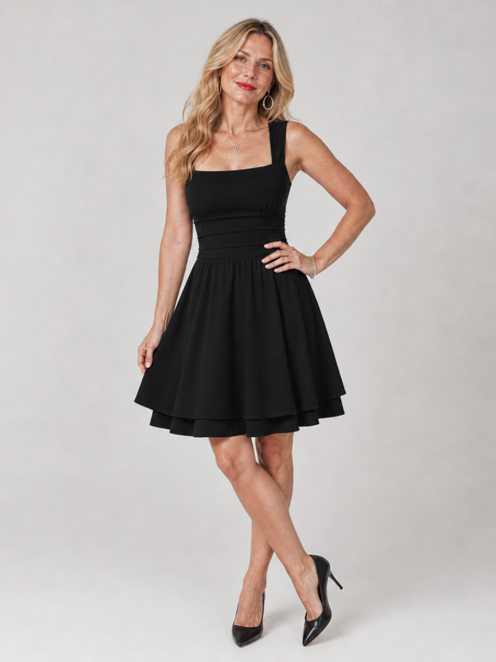 Celen | Robe Mini Sans Manches à Col Carré et Jupe Évasée