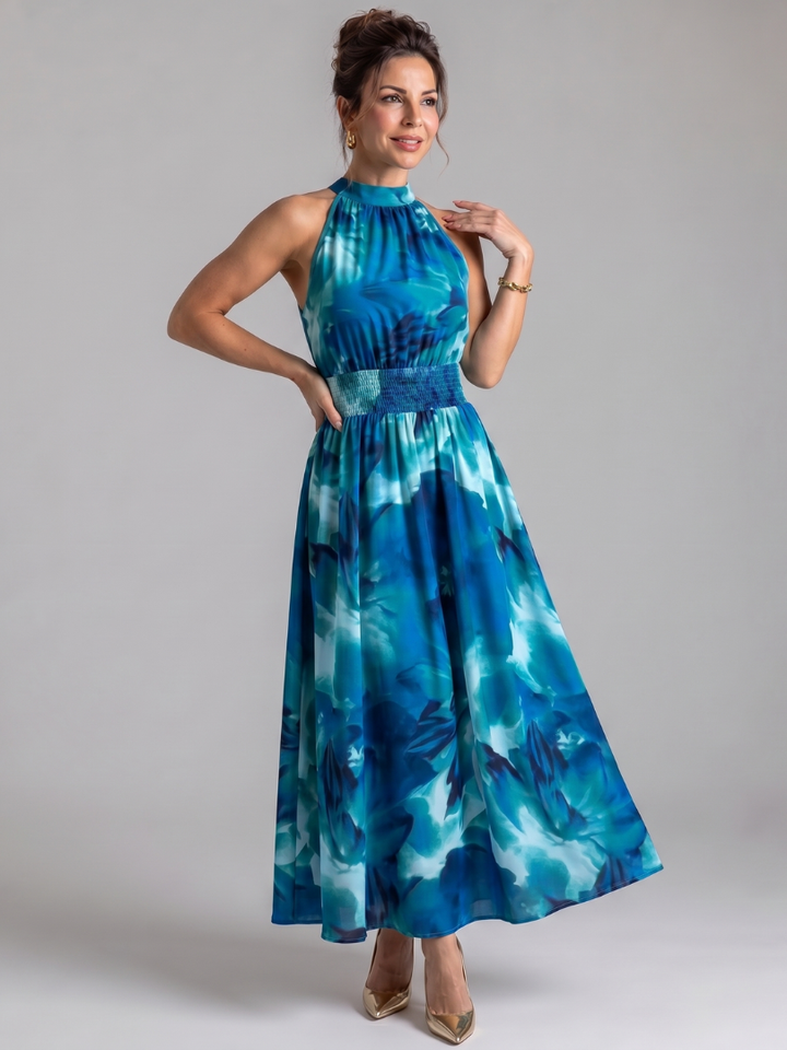 Olivia | Robe Midi Imprimé Abstrait à Taille Froncée