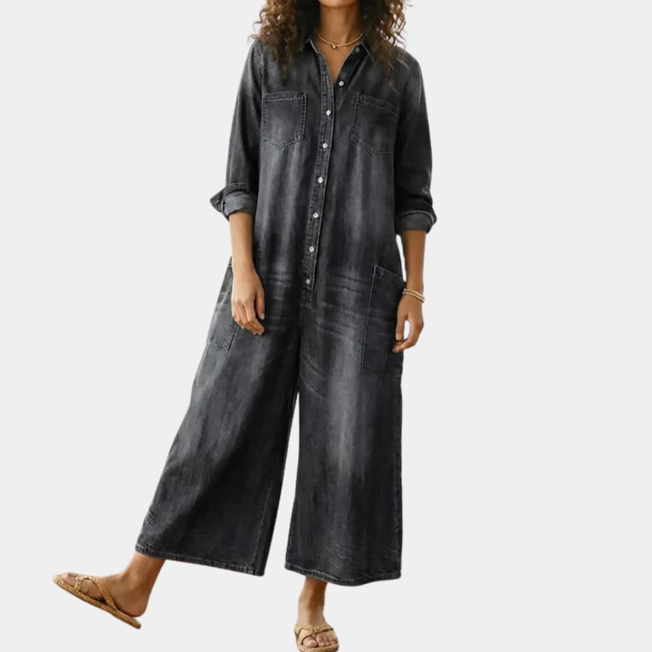Mae | Salopette en denim en coton doux vintage lavé avec fermeture à boutons