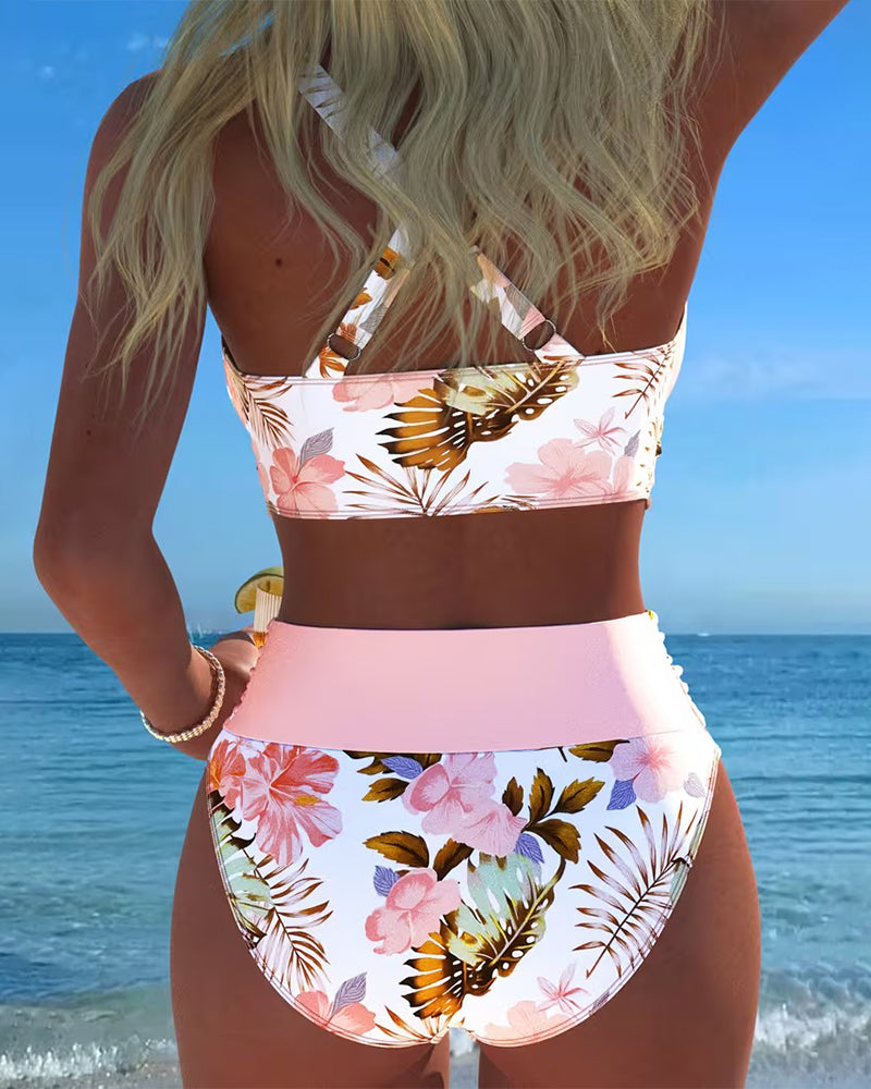 Bikini à imprimé floral contrasté et décolleté