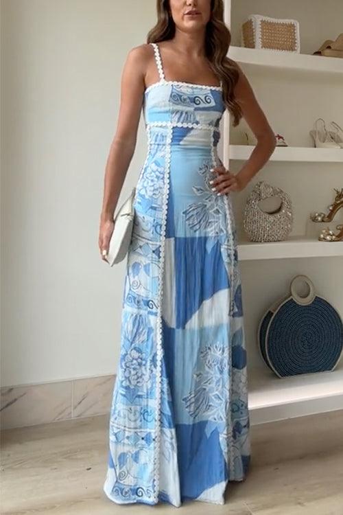 Eleonore | Robe Maxi Imprimée avec Nœud au Dos et Bandes Ric Rac