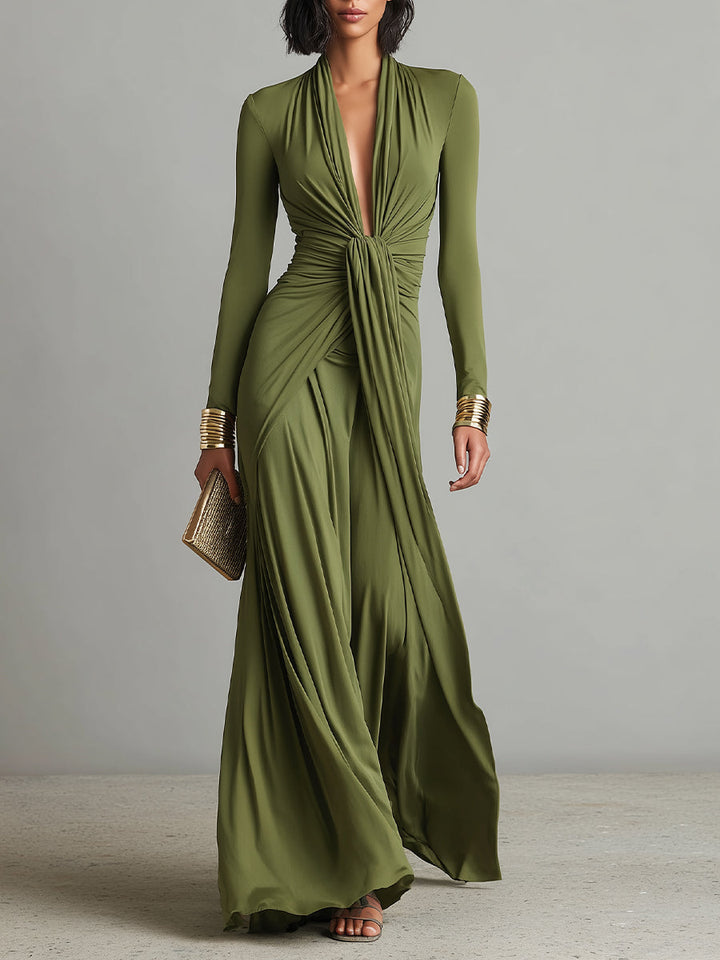 Robe Longue en Soie Élastique Verte Olive avec Décolleté en V Profond et Détails Volants, Robe Maxi Glamour