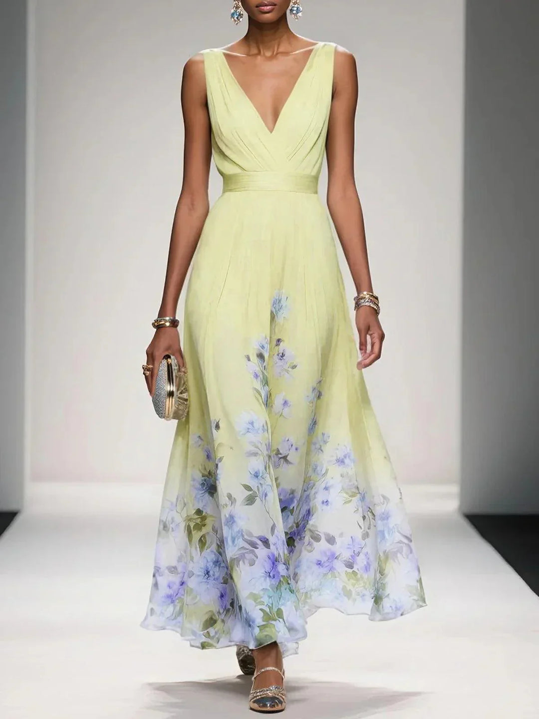 Rose | Robe Maxi Chiffon Fleurie V-Col Light Blue