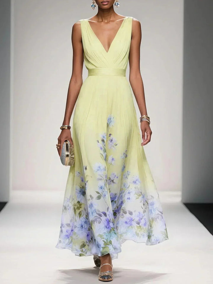 Rose | Robe Maxi Chiffon Fleurie V-Col Light Blue