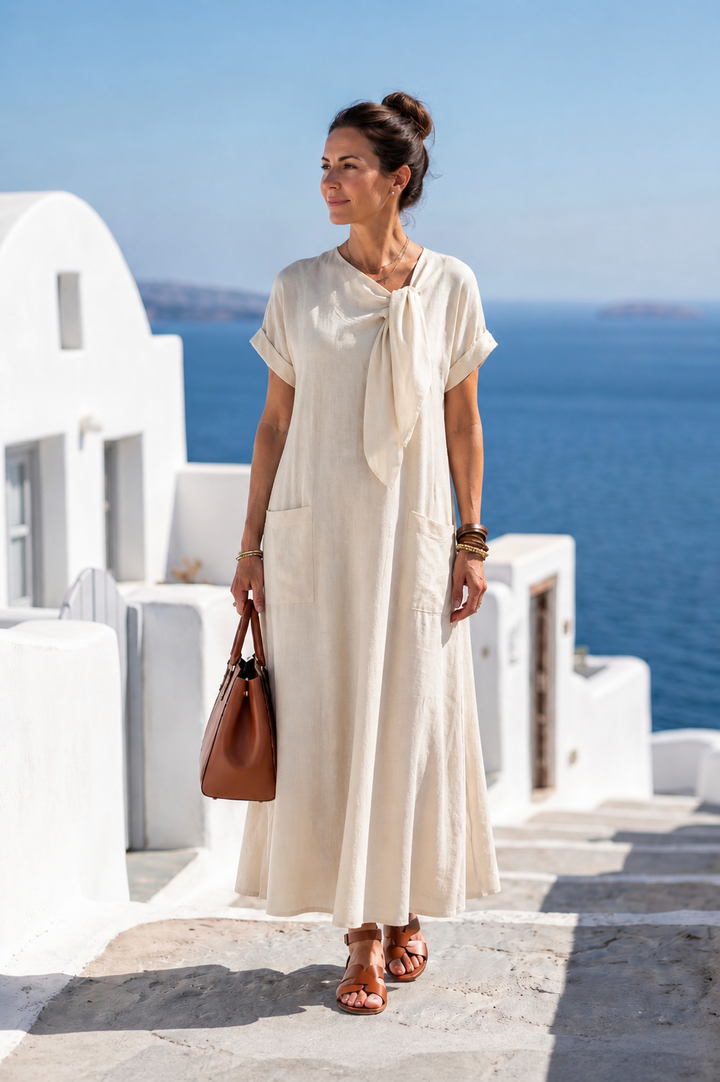 Elowyn | Robe Maxi à Col Rond et Manches Courtes avec Poches