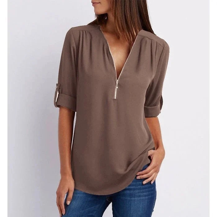 Lucas|Blouse à manches 3/4 en vrac avec fermeture éclair