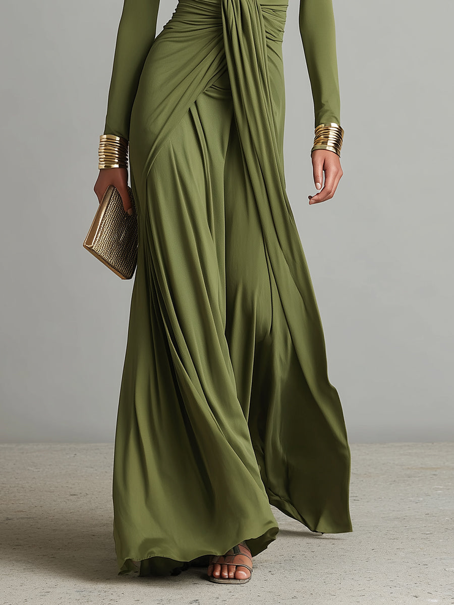 Robe Longue en Soie Élastique Verte Olive avec Décolleté en V Profond et Détails Volants, Robe Maxi Glamour
