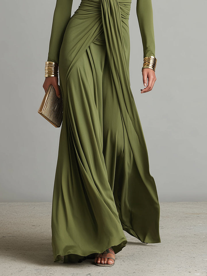 Robe Longue en Soie Élastique Verte Olive avec Décolleté en V Profond et Détails Volants, Robe Maxi Glamour