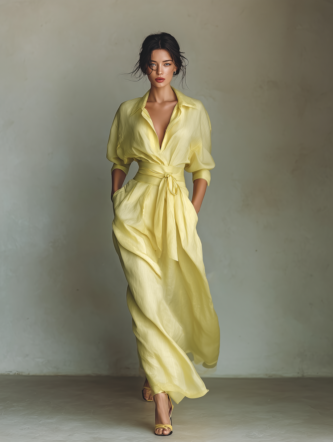 Robe Chemise Maxi pour Femmes en Jaune Citron avec Ceinture à Nouer & Manches Trois Quarts