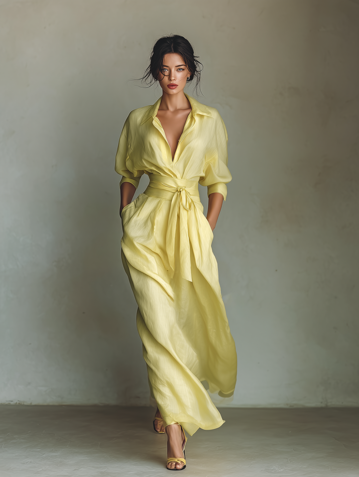 Robe Chemise Maxi pour Femmes en Jaune Citron avec Ceinture à Nouer & Manches Trois Quarts