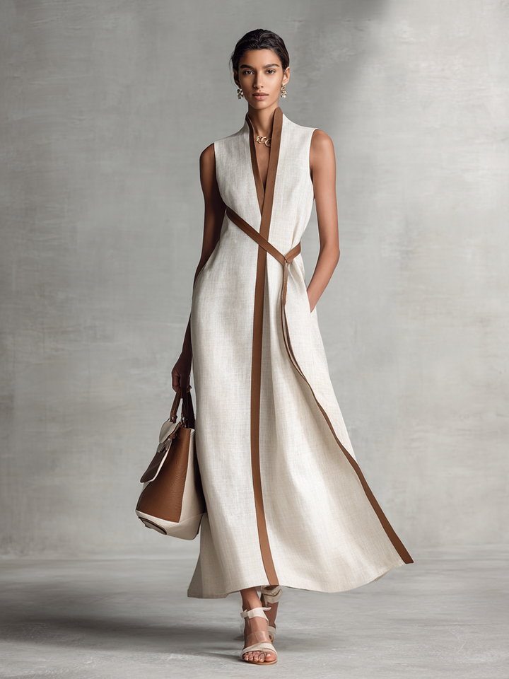 Robe Maxi Sans Manches avec Décolleté en V et Ceinture à Nouer pour Femmes