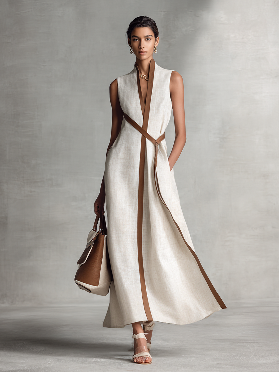 Robe Maxi Sans Manches avec Décolleté en V et Ceinture à Nouer pour Femmes