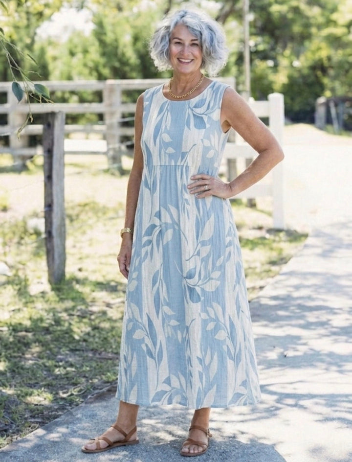 Solene | Robe Midi Sans Manches à Motif de Feuilles Bleues