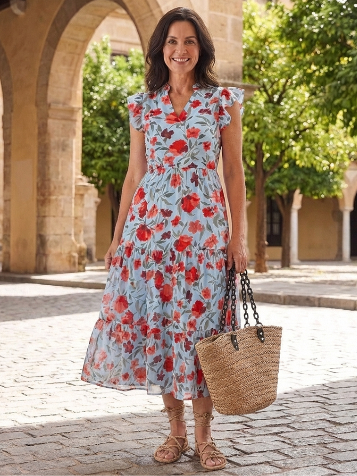 LILA | ROBE MIDI TIERED À COL V FLORAL