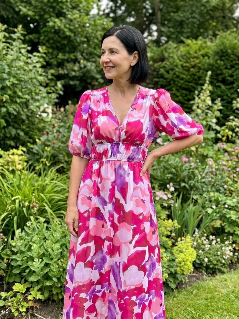 Candlia | Robe Midi à Imprimé Abstrait et Manches Bouffantes en V