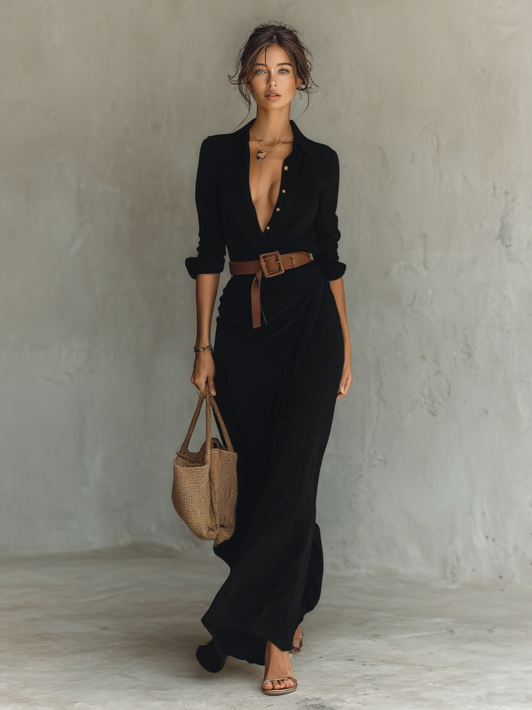 Robe Maxi Longue avec Col Noté et Manches Longues pour Femmes