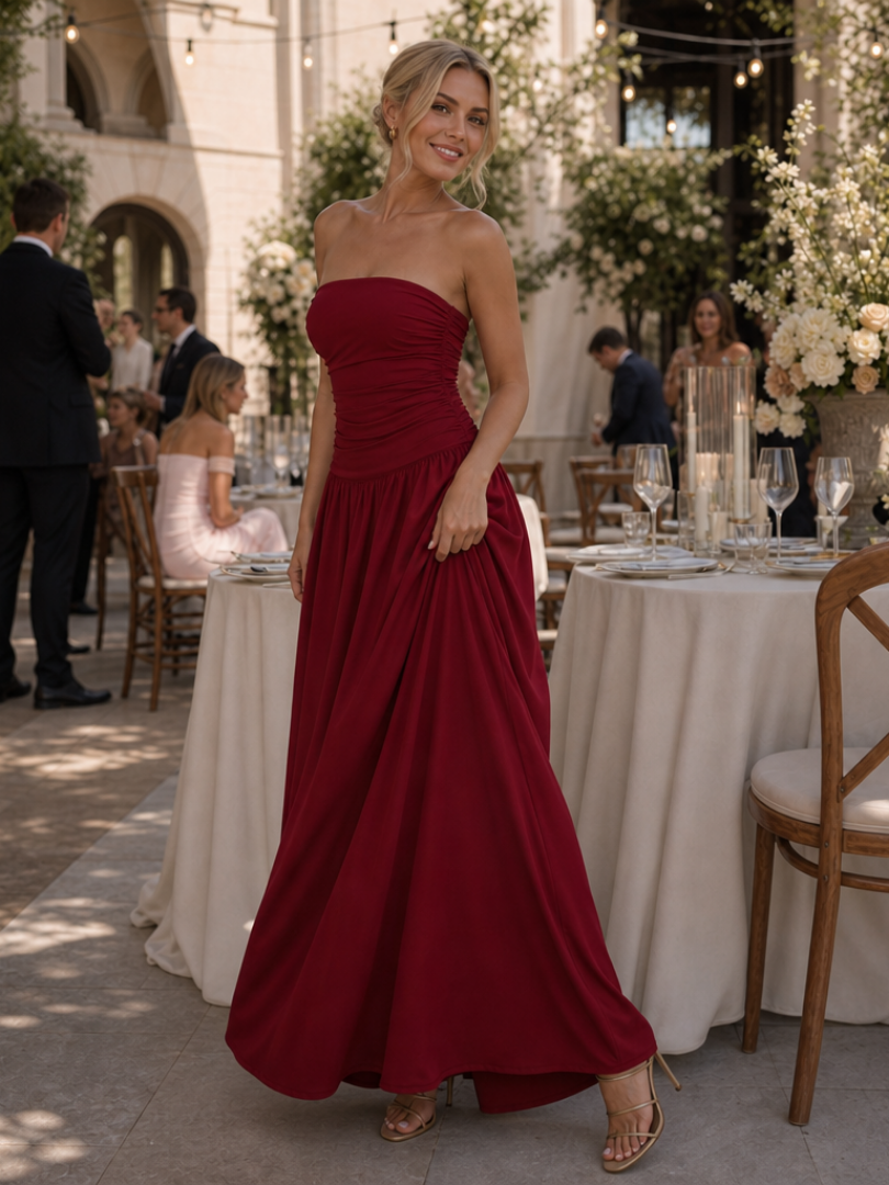 Zelene | Robe Midi Bustier à Corsage Froncé