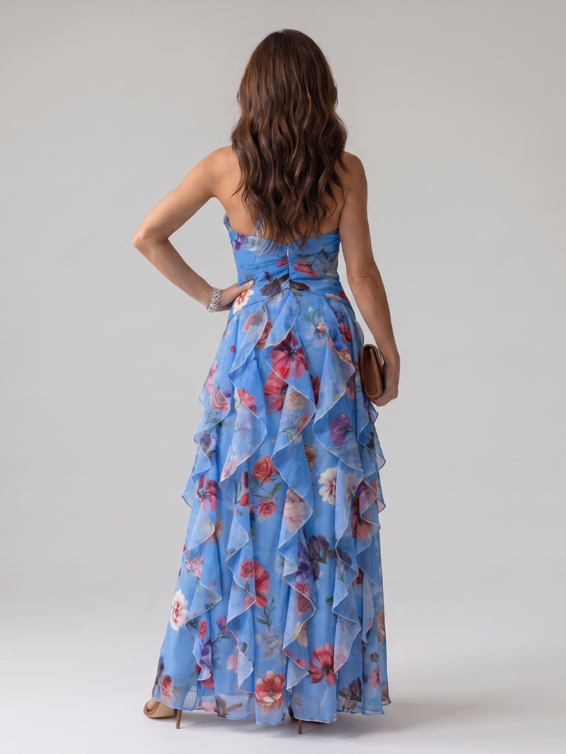 Nori | Robe Maxi Fleurie à Encolure Halter et Corps Froncé