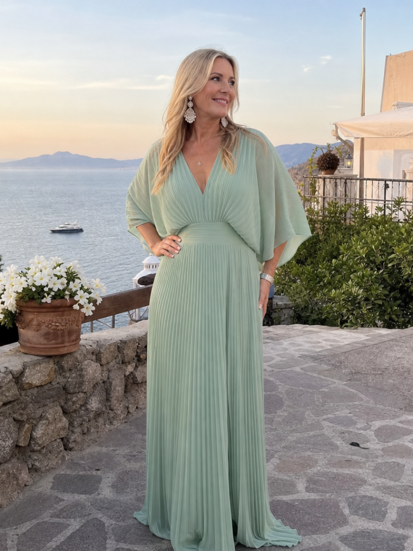 Semorph | Robe Maxi Plissée à Col en V et Manches Longues