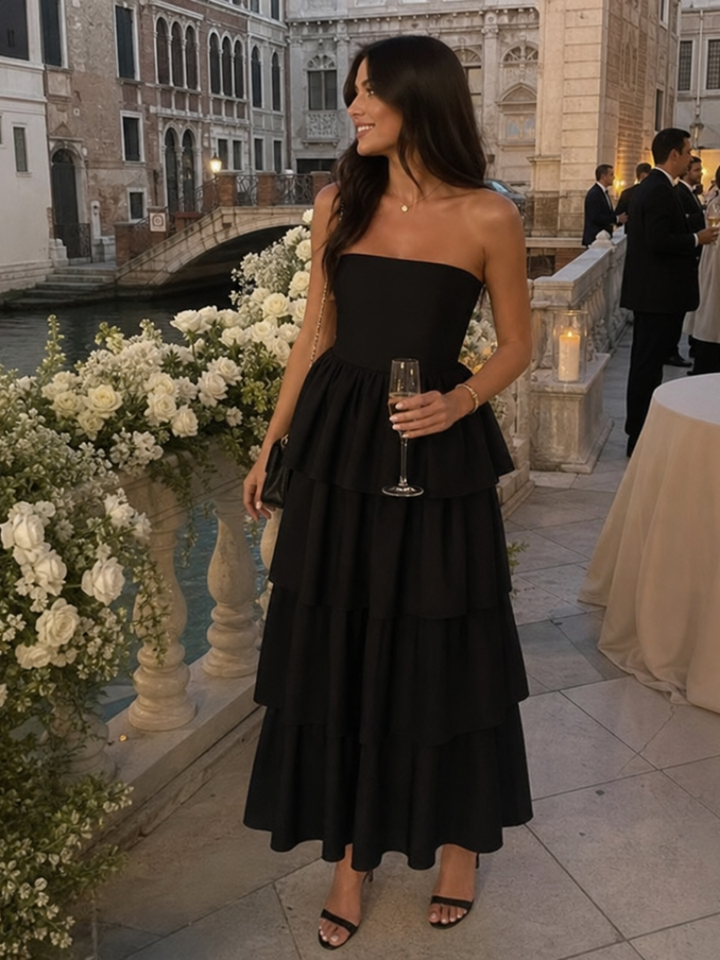 Gemma | Robe Midi Bustier à Corsage Smocké