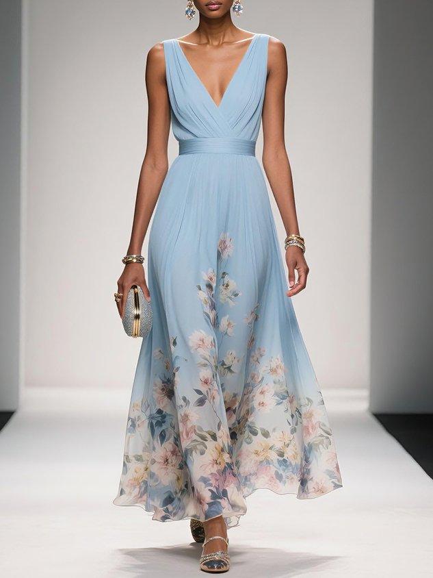 Rose | Robe Maxi Chiffon Fleurie V-Col Light Blue