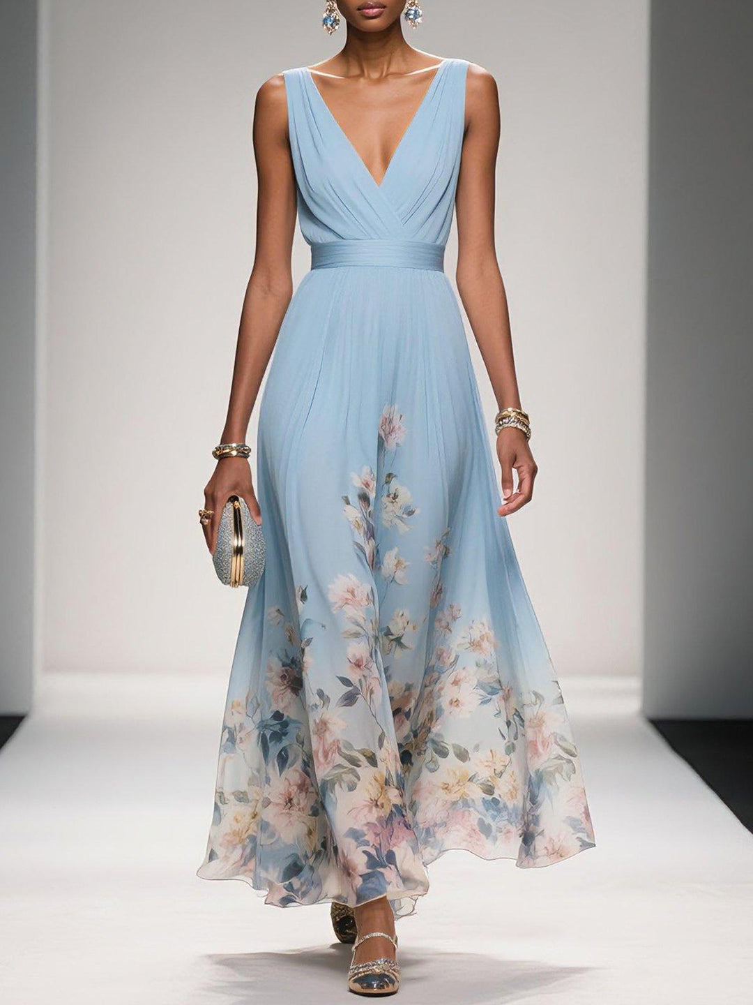 Rose | Robe Maxi Chiffon Fleurie V-Col Light Blue