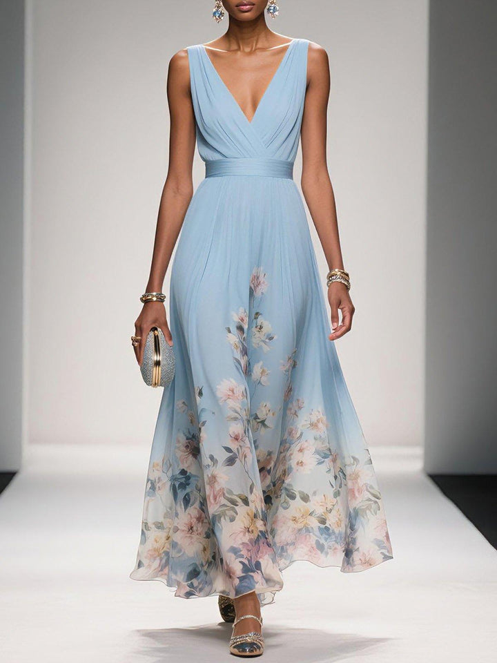 Rose | Robe Maxi Chiffon Fleurie V-Col Light Blue