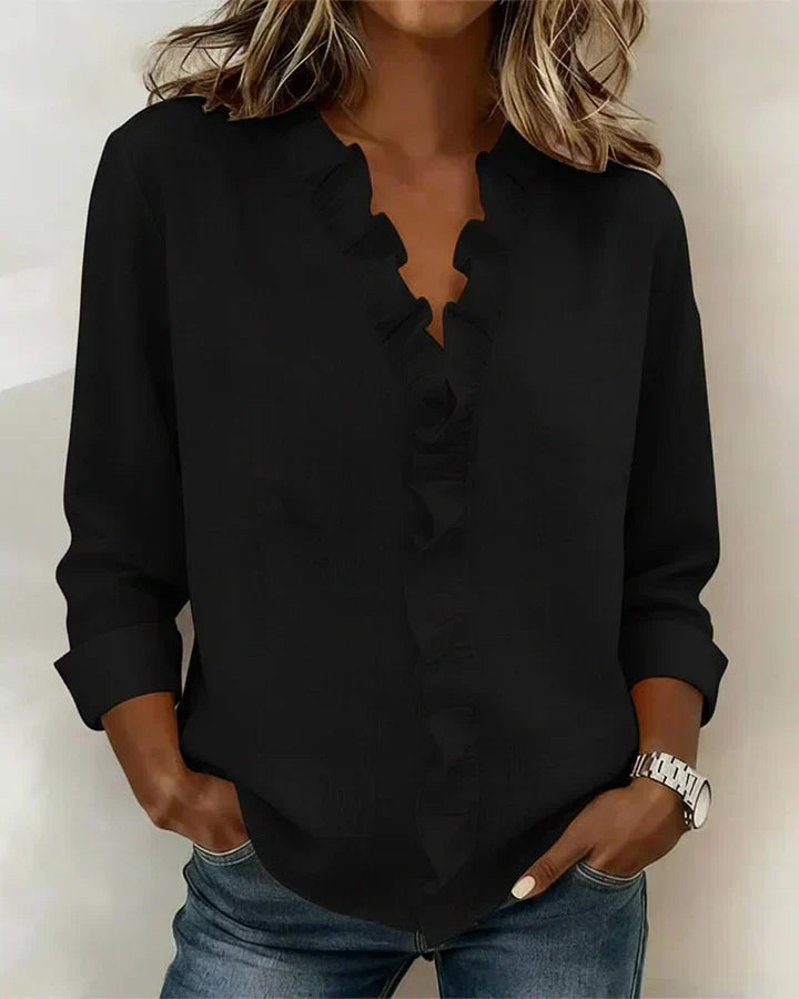 Susan | Blouse avec Volants, Col en V et Manches Longues