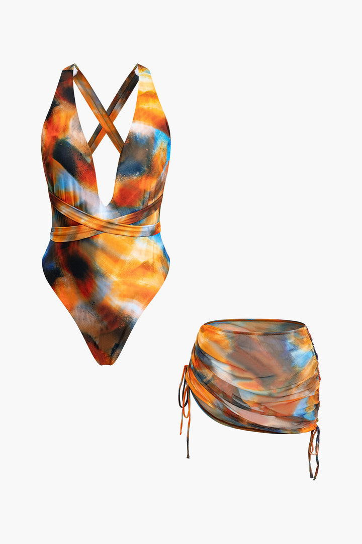 Siena | Ensemble de maillot de bain croisé et paréo aquarelle