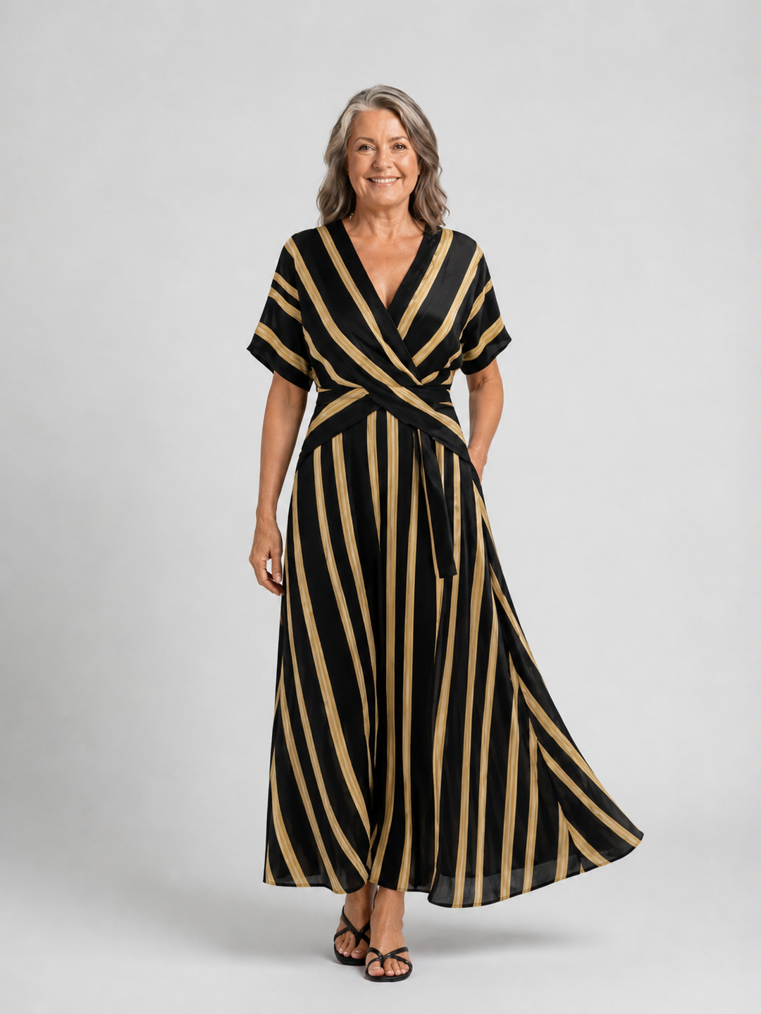 Lina | Robe midi à manches courtes en V à rayures