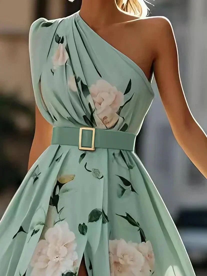 Julie | Robe Maxi à Fleurs Vert Clair à Une Épaule