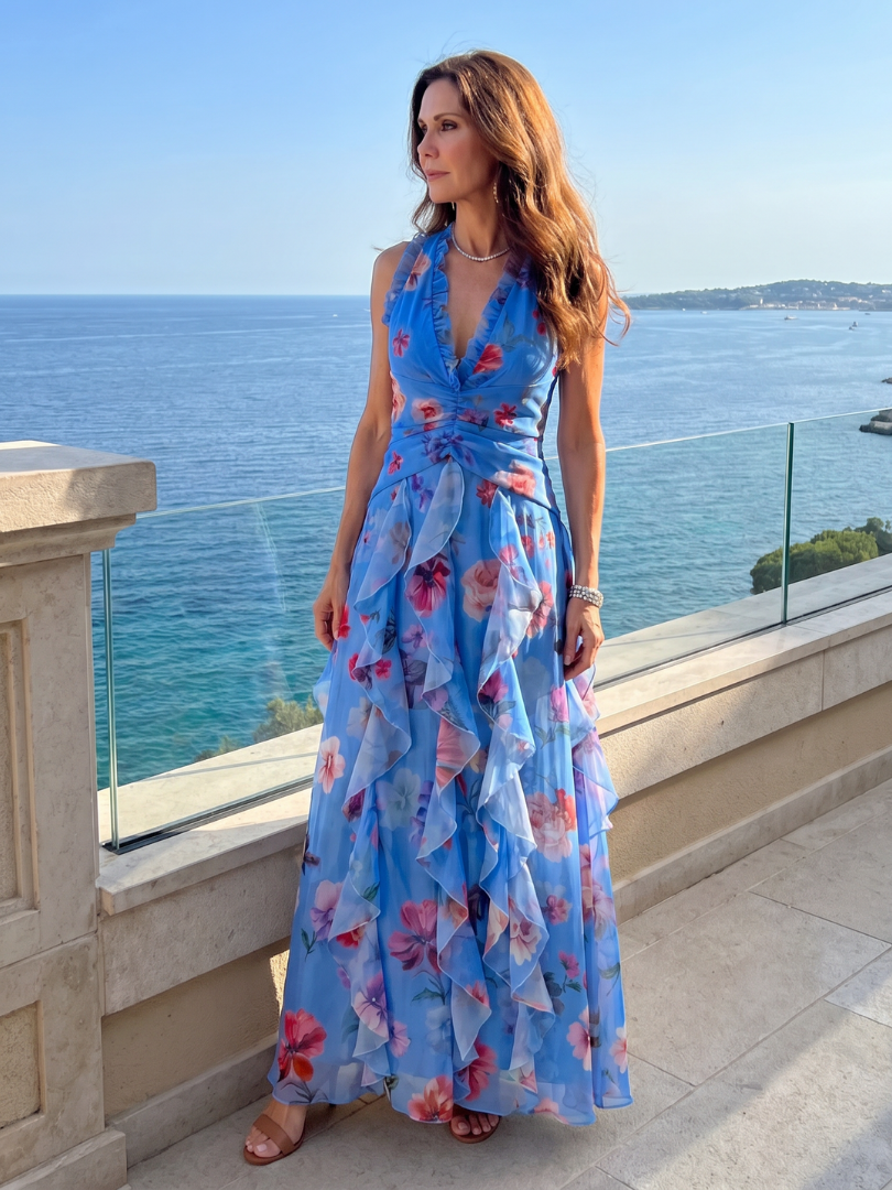 Nori | Robe Maxi Fleurie à Encolure Halter et Corps Froncé